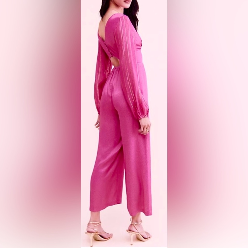 Anthropologie Riviera Jumpsuit Wide-Leg Low Cut Hot Pink w/ Gold stripes size M